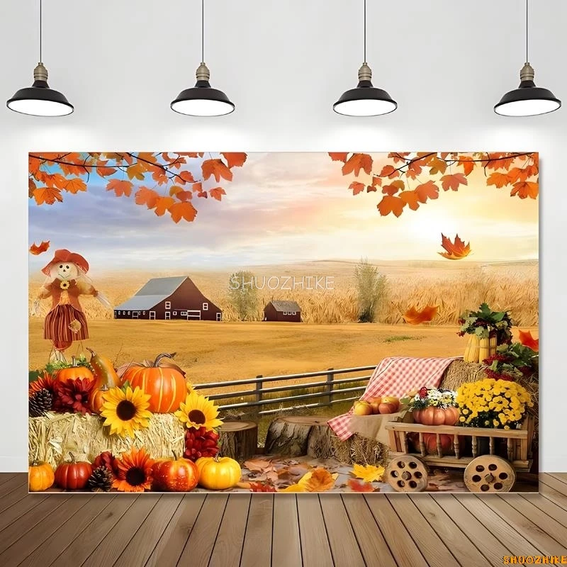 

Halloween Day Autumnal Pumpkins Photography Backdrops Props Maple Leaf Scarecrow Farm Harvest Thanksgiving Background RR-15