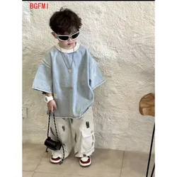 Spring Summer Children's Korean Denim Hole Short Sleeved Top and Beige Knitted Loose Casual Sports Pants Two-piece Set Outfits