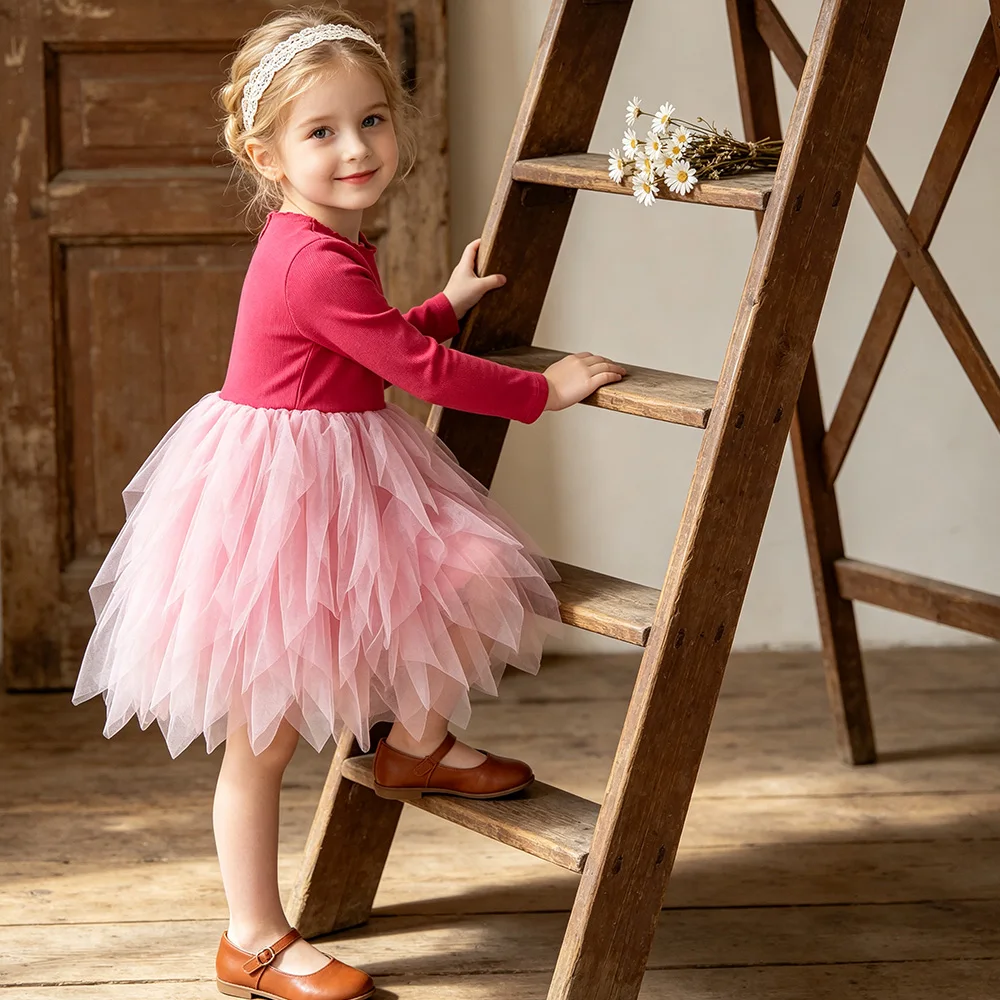 Rosa Strick-Tüllkleid für Kinder, Mädchen Weiches Baumwoll-Langarmkleid, Flauschiges Mesh-Tutu-Kleid, Mädchen Geburtstagsparty Süßes Elegantes Alltagskleid – Detail 2