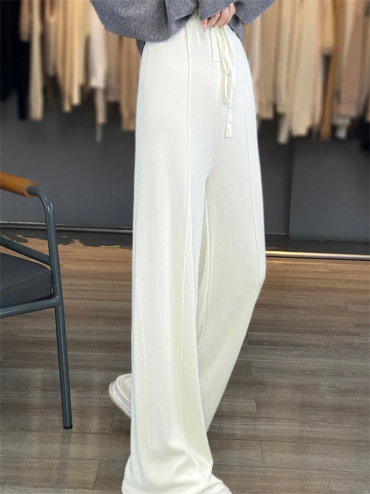 Summer new curved bead ice silk fabric with high waisted elastic band and wide legs, simple and fashionable women\'s pants