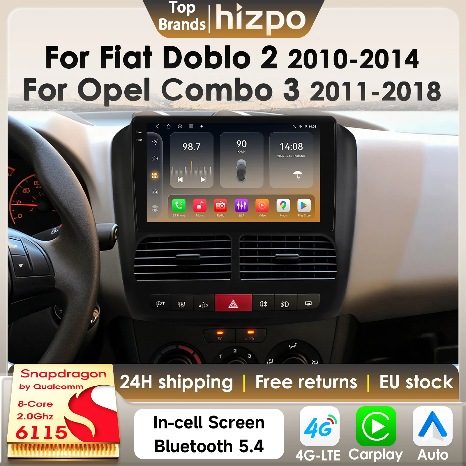 Hizpo 8Core 2Din Android14 autoradio pour Fiat Doblo 2 2010-2014 pour Opel Combo 3 voiture multimédia GPS 4G Carplay par Snapdragon6115