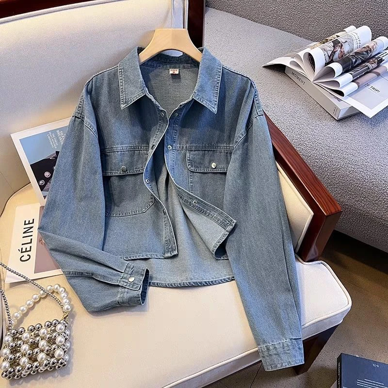 

Retro Short Denim Jacket Women Spring Autumn New American High Street Casual Loose Tops Popular Versatile Blue Lapel Coat