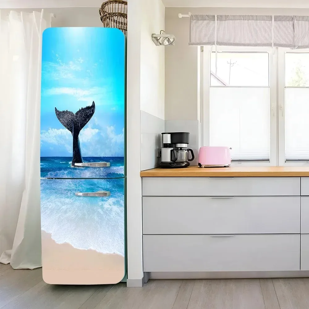 Summer Beach Ocean Whale Tail Palm Tree Fridge Door Sticker Waterproof Refrigerator Mural Wrap for Kitchen Home Decor