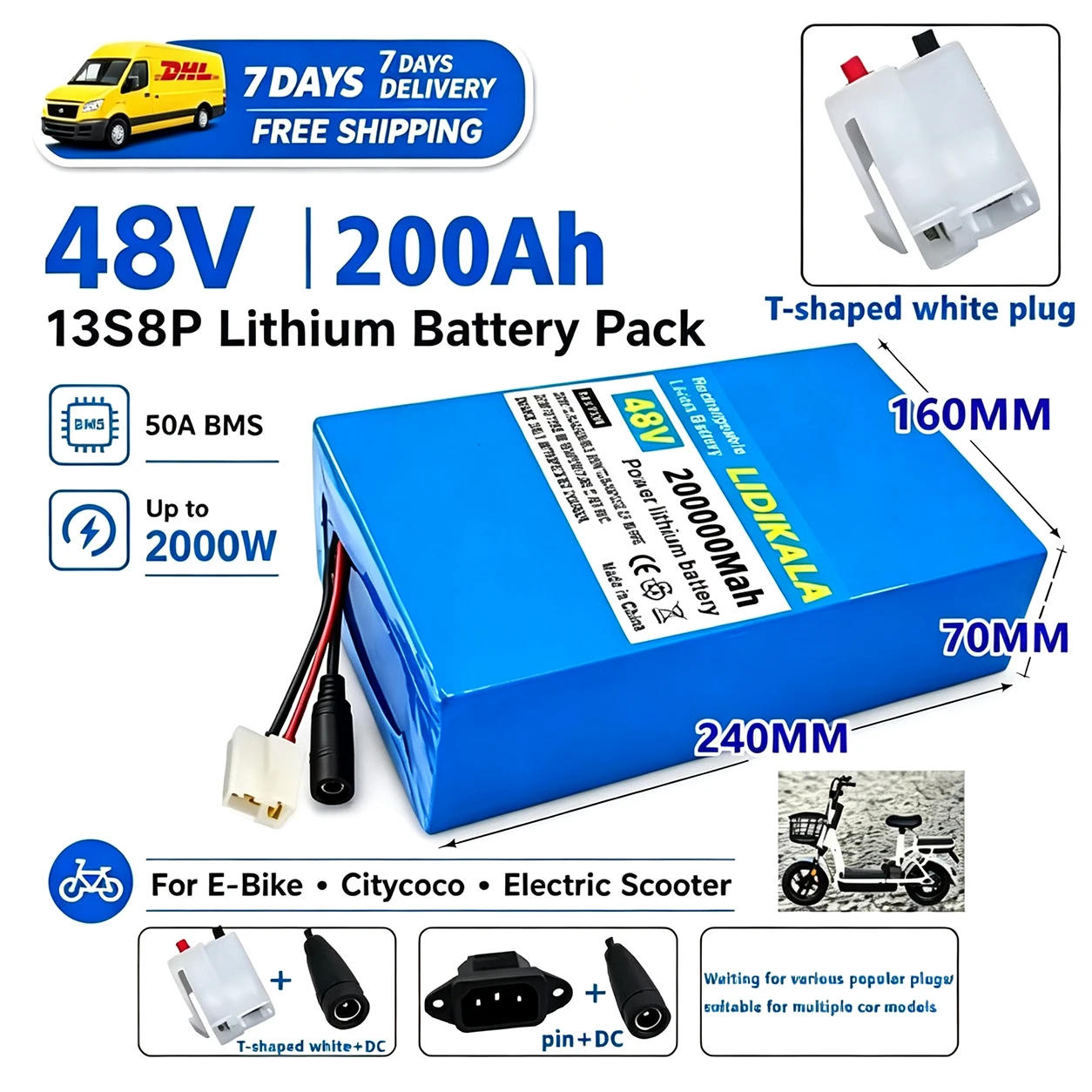 13S8P 48V 200Ah, pacco batterie agli ioni di litio 18650, 500W–2000W, adatto per monopattini elettrici Citycoco, biciclette elettriche e tricicli elettrici, con scheda di protezione BMS integrata da