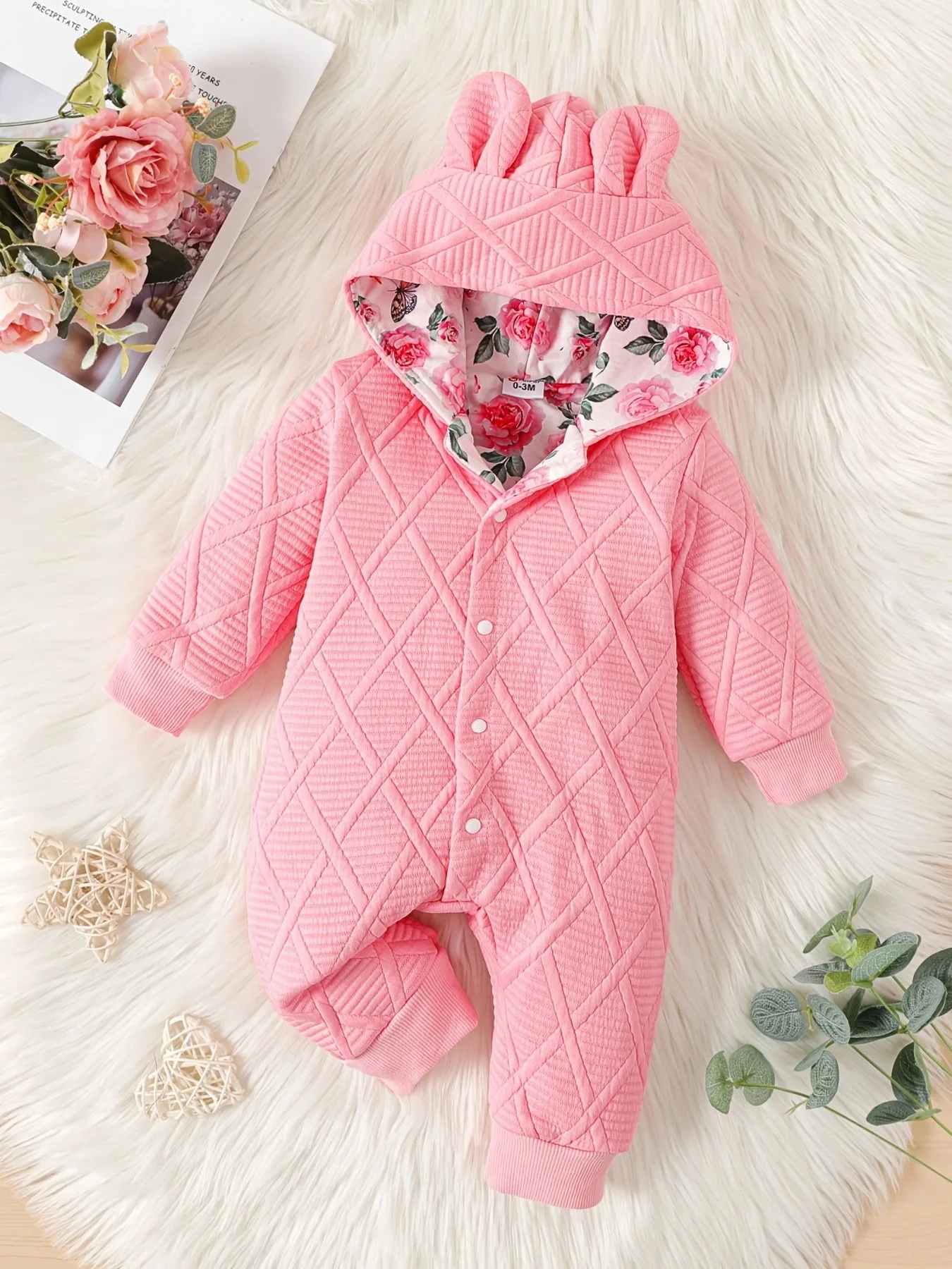 0-18 months Spring and Autumn New Newborn Baby Girl Cute Ear Lining Cloth Fragmented Flower Print Long Sleeve Thickened jumpsuit