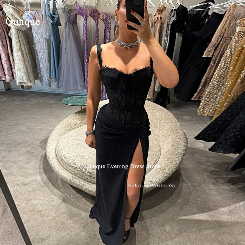 

Qunque Sexy Spaghetti Straps Mermaid Evening Dresses Leg Slit Lace Sweetheart Prom Dresses Black Celebrity Prom Gowns Customized