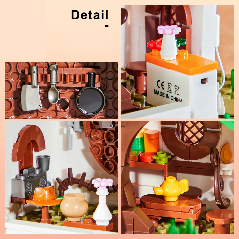 Idea casa de cuento de hadas vista de calle arquitectura de bloques cabina enana construcción de ladrillos juguetes de construcción con luz para niños regalos