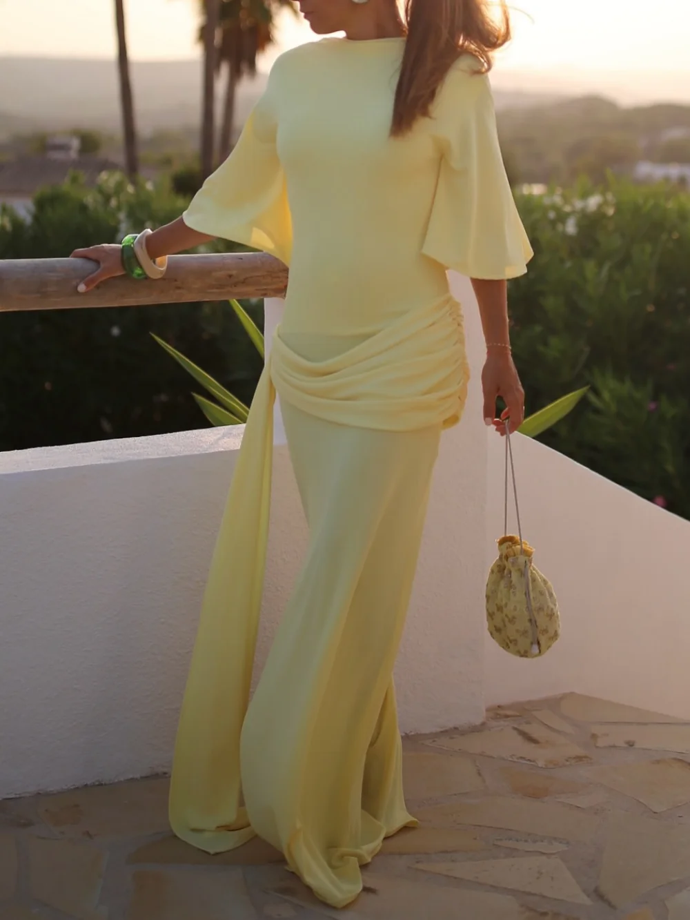 

Yellow Casual Chic Women's Dress O-Neck Backless Short Sleeve Folded Long Elegant Autumn Fashion 2025