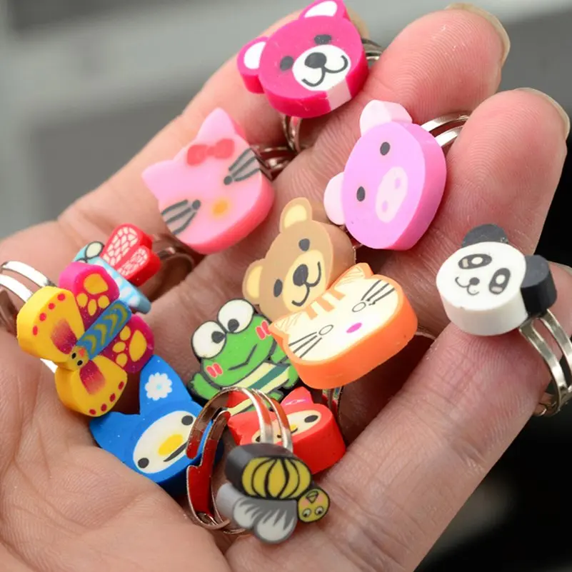 10pcs/Lot Colorful Polymer Clay Ring for Girls Sweet Flower Animal Fruit Shape Adjustable Rings Child Kids Birthday Jewelry Gift