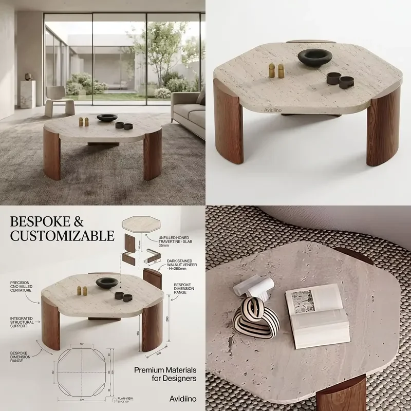 Custom Beige Travertine Coffee Table Ash Wood with Walnut Finish Customizable Sizes for Interior Designers & Projects