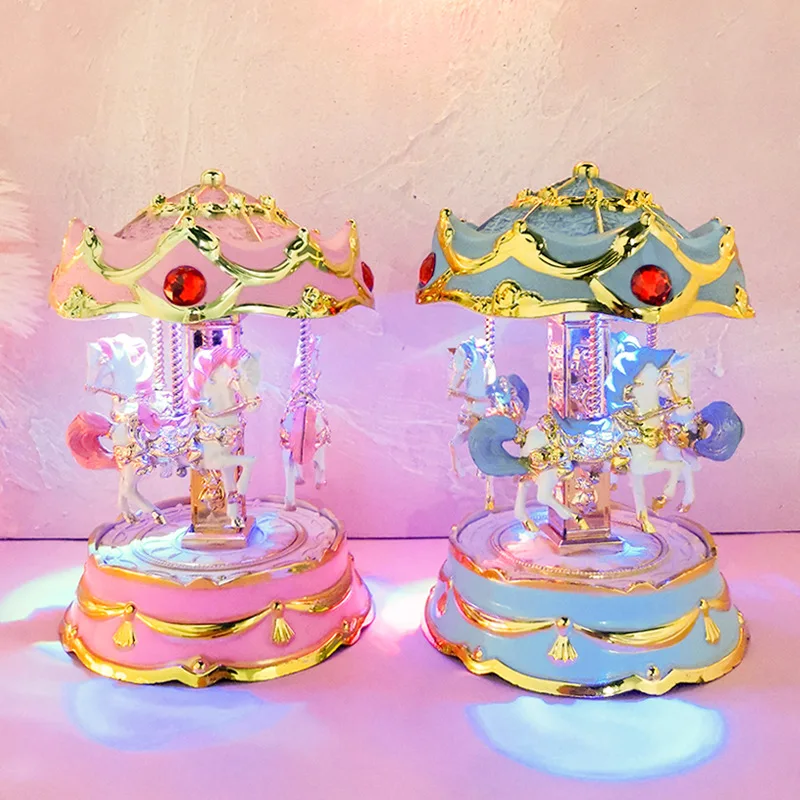 Retro Gold-rimmed Carousel Colorful Flashing Music Box Girl Friend Birthday Gift Clockwork Music Box Home Decoration Sailor Moon