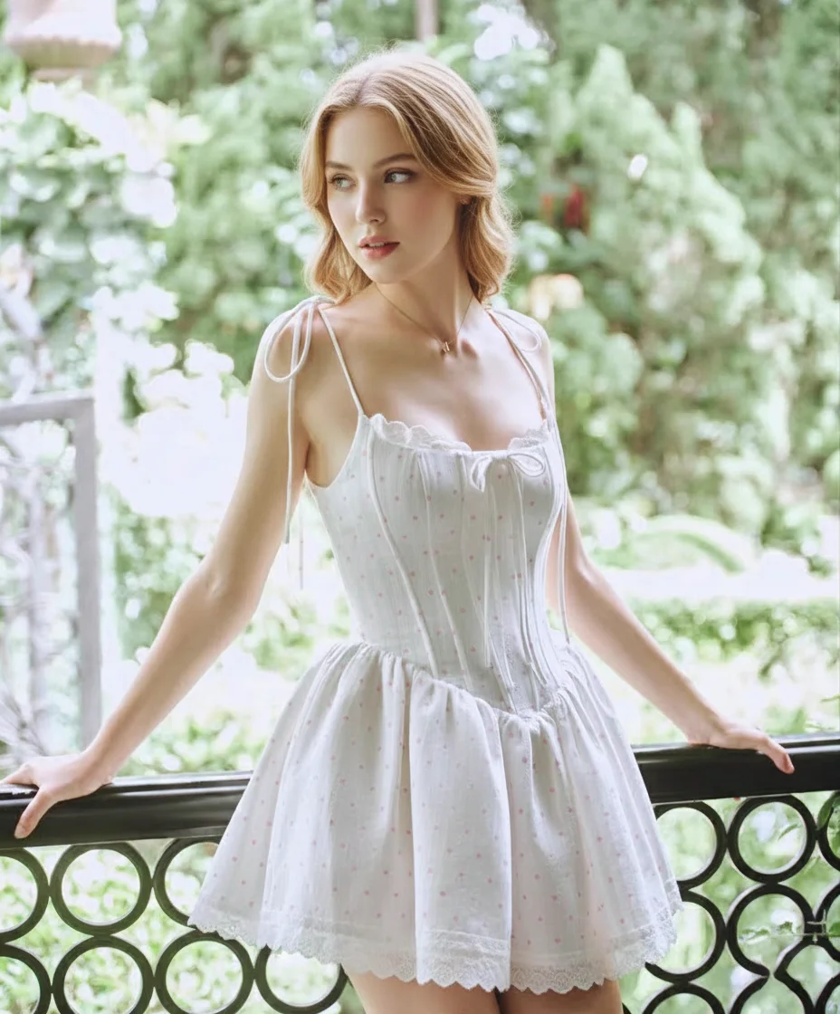 

Pink Polka Dot Lace Mini Dress Women French Tie Shoulder Backless Sundress Sweet Coquette Aesthetic Kawaii Fairy Party Robe 2026