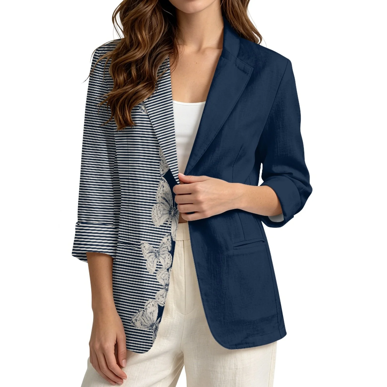 PENSTROLL Butterfly Stripe Split Print Linen Like Daily Shrug Beach Cover Ups for Women Casual Light Cardigans