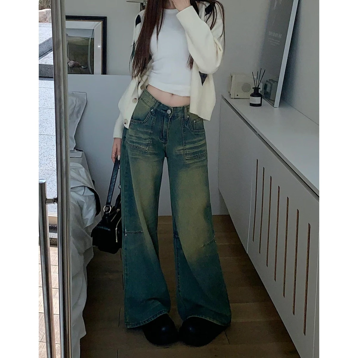 

Ретро-джинсы с широкими штанинами и прямым кроем, женские, весна-лето, с высокой талией, свободные, универсальные, драпированные, повседневные, из смесового хлопка