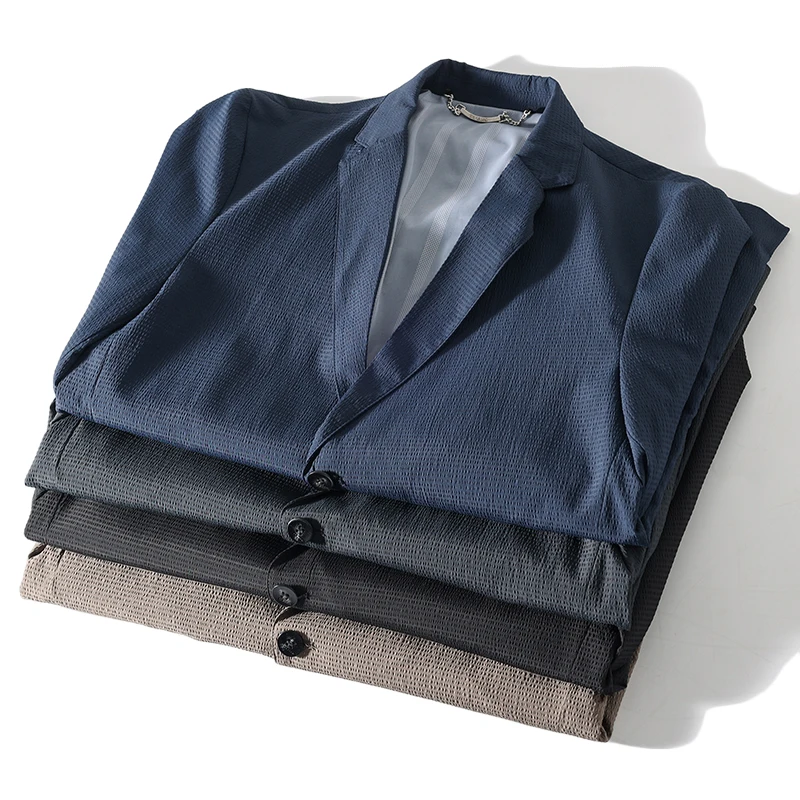 

Текстурированная ткань с эффектом пузырьков, повседневная тонкая мужская верхняя одежда для весны и лета, модный деловой повседневный пиджак с длинными рукавами