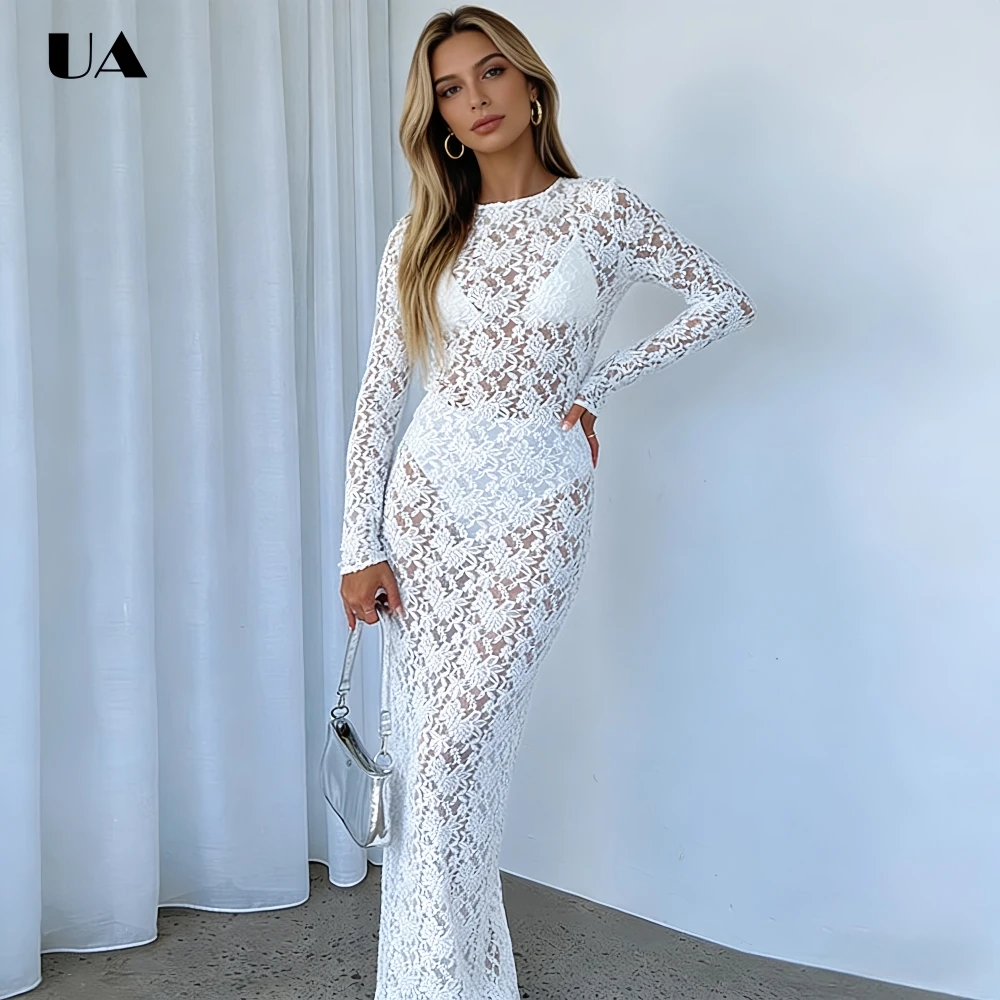 

Sexy Sheer Lace Sheath Hollow Out Long Dress with Long Sleeves Fashionable Solid O-neck Maxi Party Dress Elegant Dress for Woman