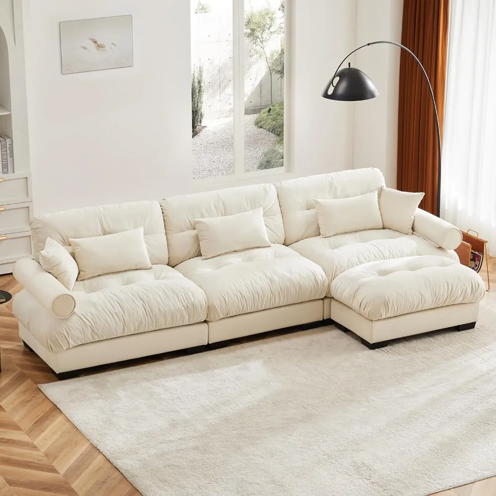 

130"Oversized Couch, 3 Seater Modular Sectional Sofa, Beige White Large L Shaped Sectional Couches for Living Room, Fluffy Couch