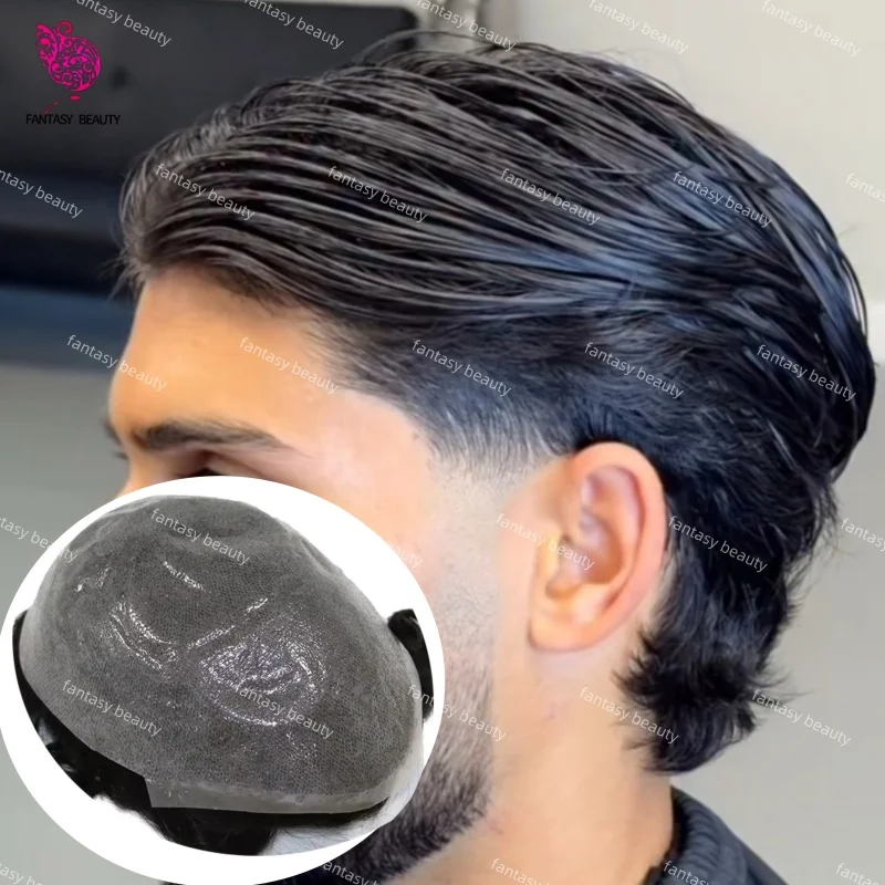 

Натуральный мужской парик-накладка (тупе) из европейских человеческих волос, супертонкая основа из ПУ 0.02-0.03 мм, V-образная конструкция, плотность 80%-100%, мужской капиллярный протез