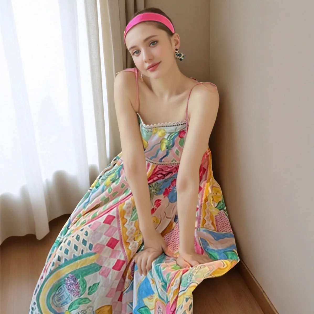 

2026 coffee break, beautiful, high-end exquisite seaside vacation oil painting print suspender dress women's summer