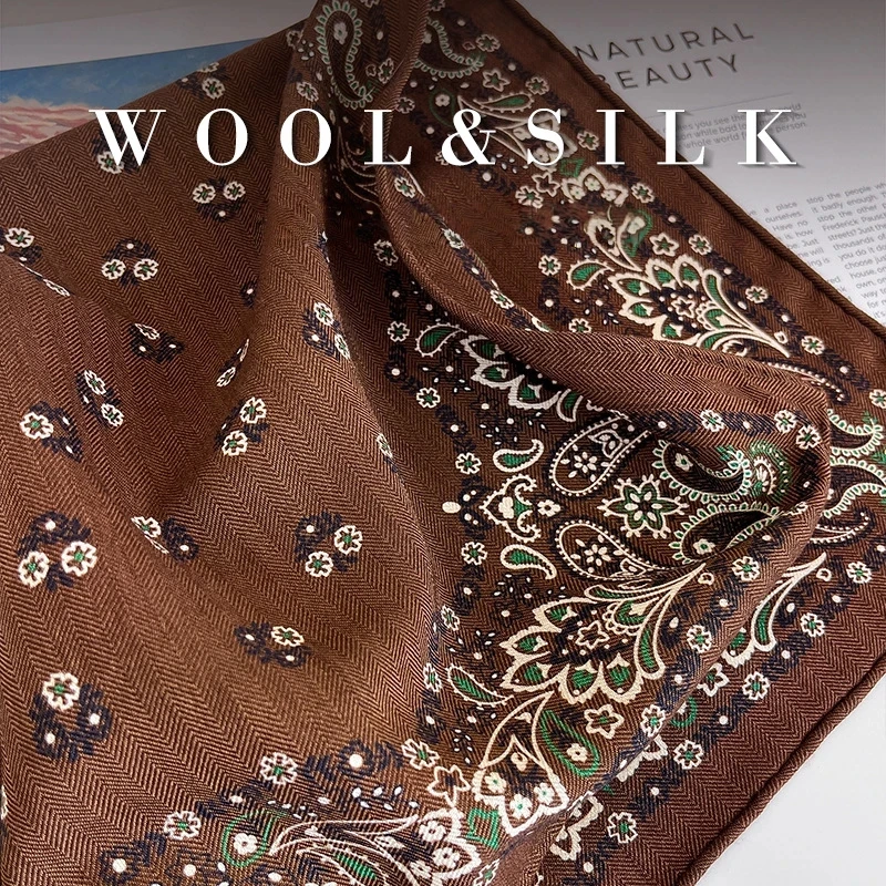 Women's Silk Wool Coffee Square Scarf Vintage Paisley Floral Print Bandana Soft Warm Neck Shawl Retro Ethnic Neck Wrap