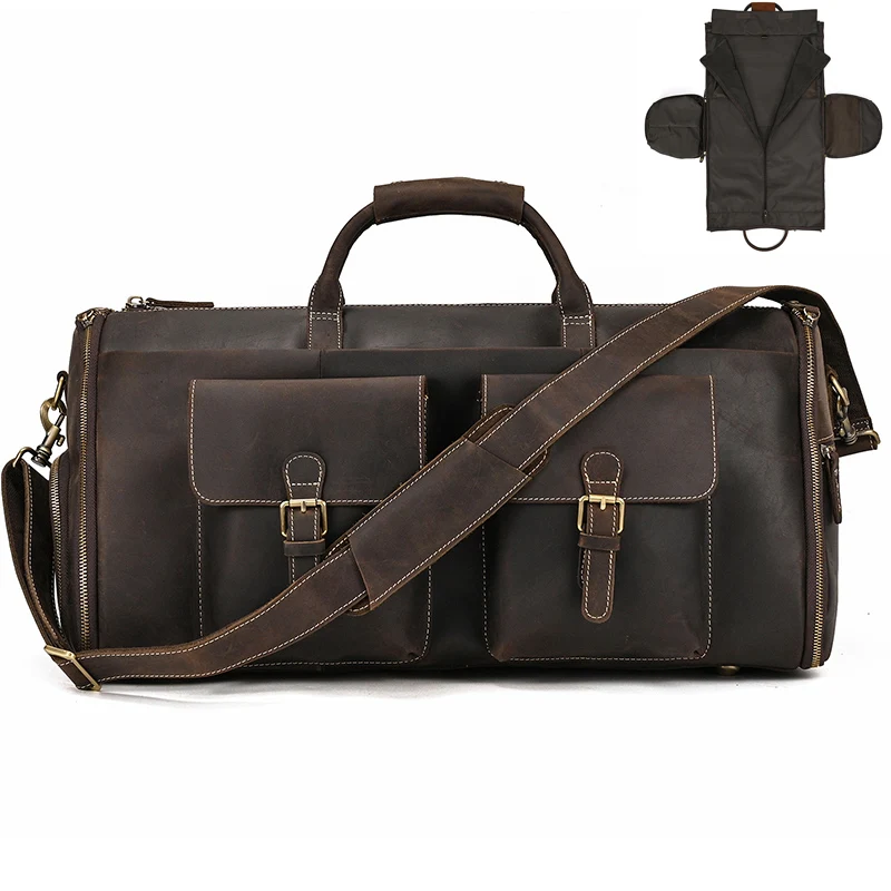 

Top Quality Mens Leather Travel Bag Man Male Duffle Bag For Suits Foldable Weekend Bag Suit Bags Crazy Horse Leather Men Handbag