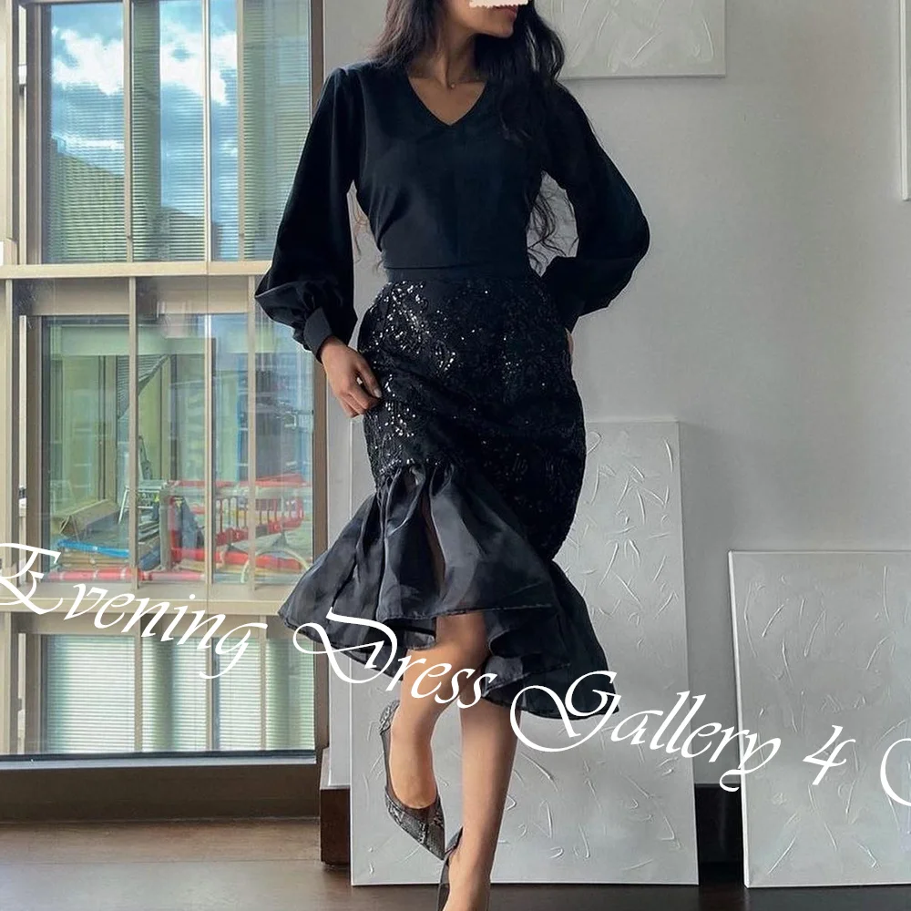 Customized Delicate Sequined V-Neck Knee Length Mermaid Evening Dress Elegant Chiffon Long Sleeves Draped Vestidos Para Mujer