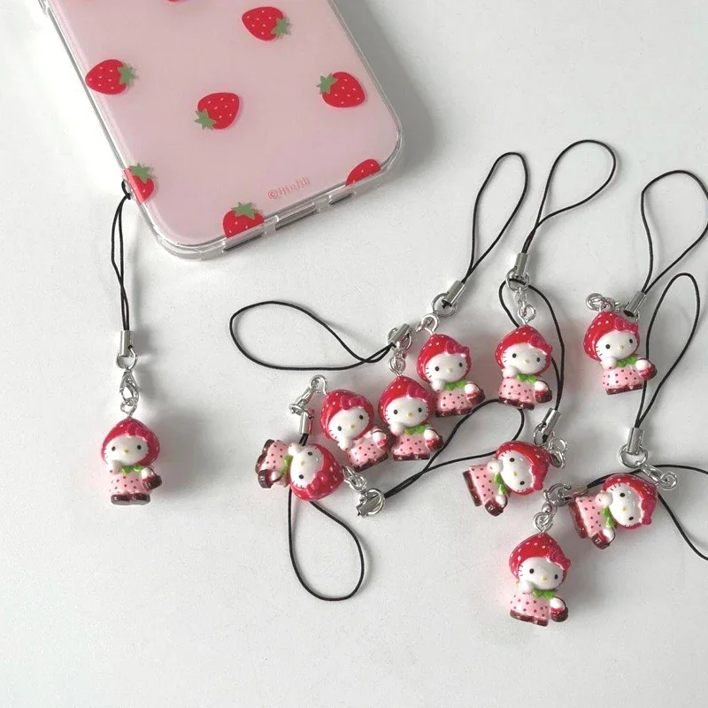 

Lovely Strawberry Holle Kitty Mobile Phone Pendant Cute Funny DIY Backpack Pendant Keychains Decoration For Friend Birthday Gift