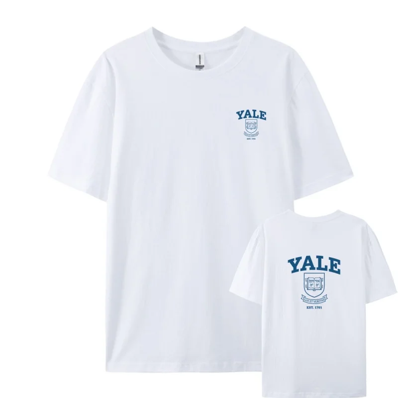 Yale University logo T-shirt, unisex short-sleeved school uniform, casual and stylish round neck cotton short-sleeved T-shirt.