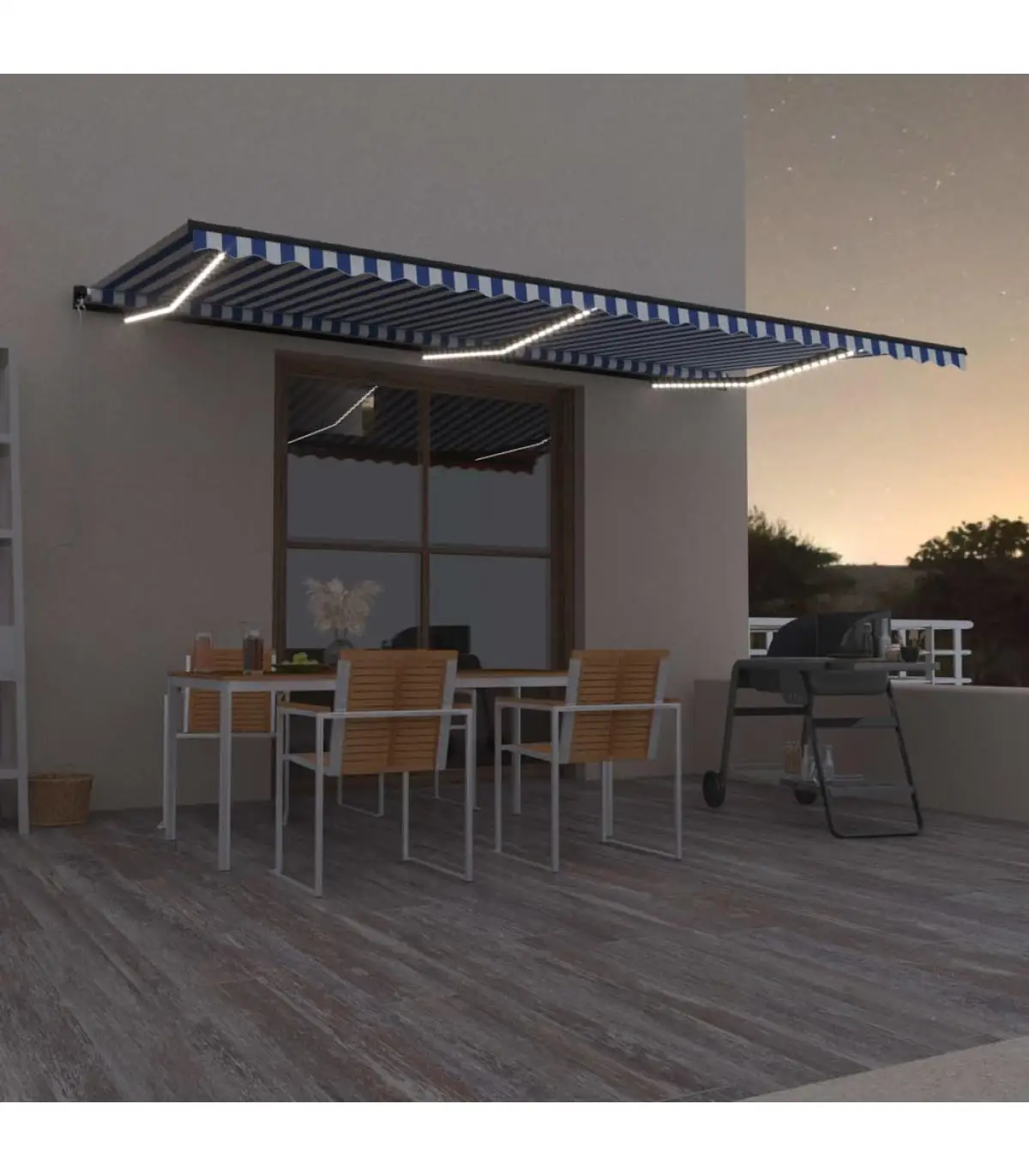 600x300 cm retractable manual awnings with blue and white LED