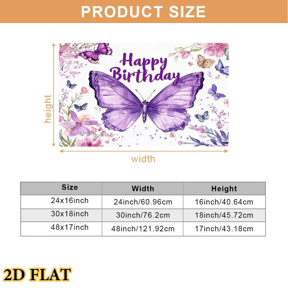 Whimsical Butterfly Floral Happy Birthday Mat Rug Accent Floor Runner Cute Indoor Decorative Celebration Home Decor Gift