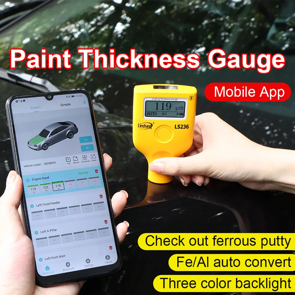 Car Paint Tester Thickness Gauge Dual Screen Car Paint Meter Identify Fe/Al Ferrous Putty Galvanized for Used Cars LS236