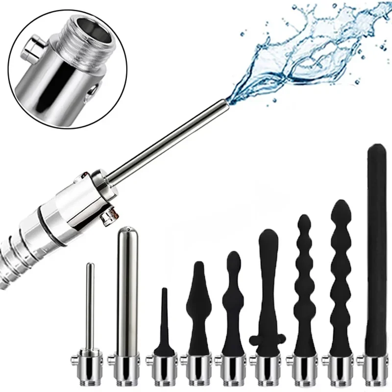 Douche Enema Vagina Anal Cleaning Switch faucet attachment Silicone Enema Syringe Shower Metal Butt Plug Nozzle Tip Gay Massager