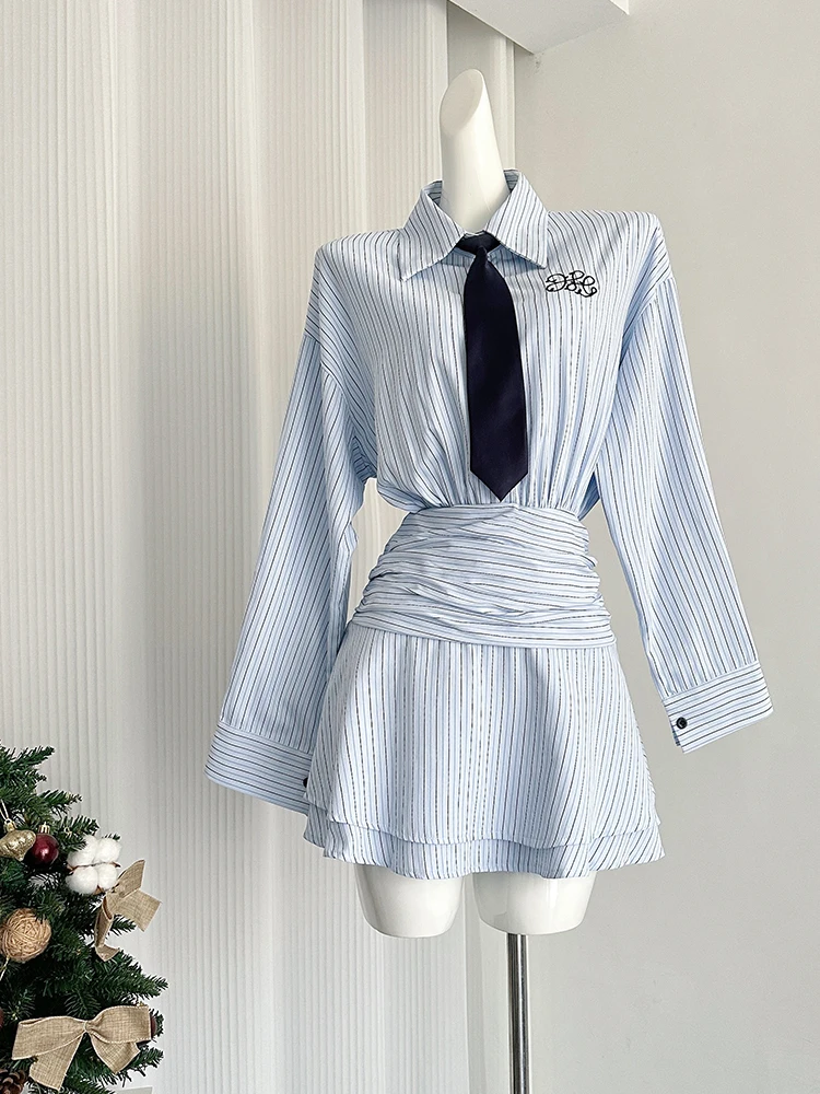 Autumn Korean Vintage Preppy Long Sleeve Mini Shirt Dress With Tie Women 2000s Aesthetic Striped Frocks One-Piece Party Gyaru