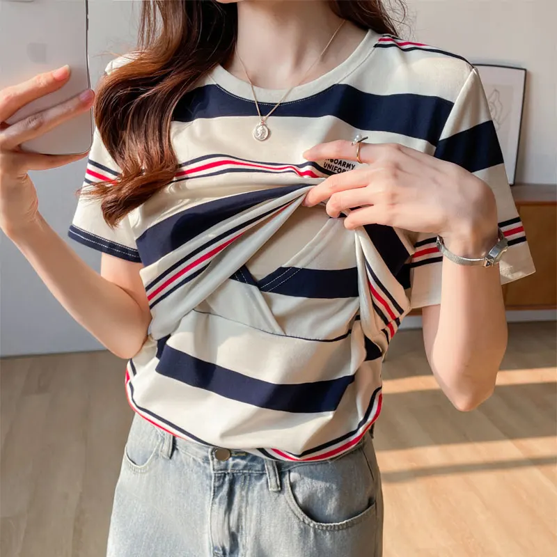 

Summer Short Sleeved Cotton Striped Breastfeeding T-shirt Postpartum Spicy Mothers Nursing Clothes Block Color Lactation Tees