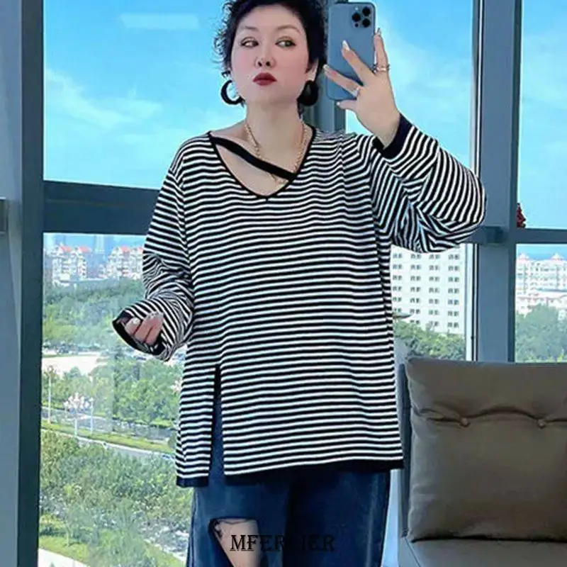 

Plus Size 6XL 150kg Autumn T-Shirt Woman Korea Loose T Shirt Women Casual Top Tee Black Striped Long Sleeve Tshirt Basic Tops