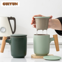 380ml Teacup Mugs With Dustproof Lid Tea Filter Heat Resistant Tea Infuser Coffee Cup Infuser Filter Wooden Handle Personal Mug