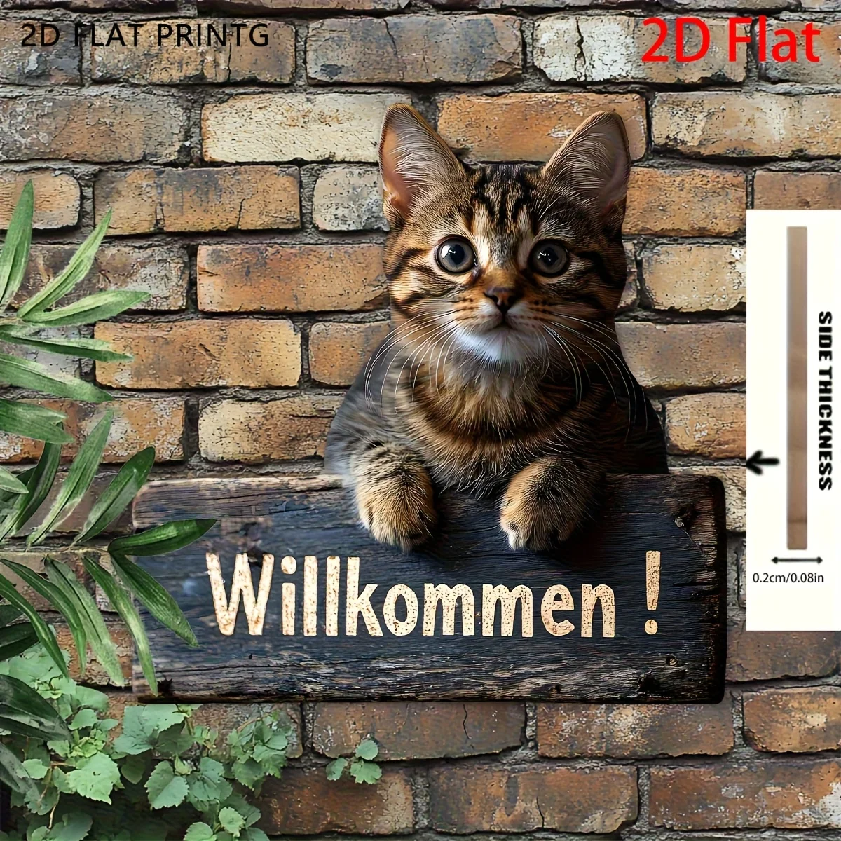 Panneau de bienvenue plat 2D, style rustique allemand, motif chat, style ferme - Plaque extérieure en bois recyclé de haute qualité avec un charmant motif de chaton