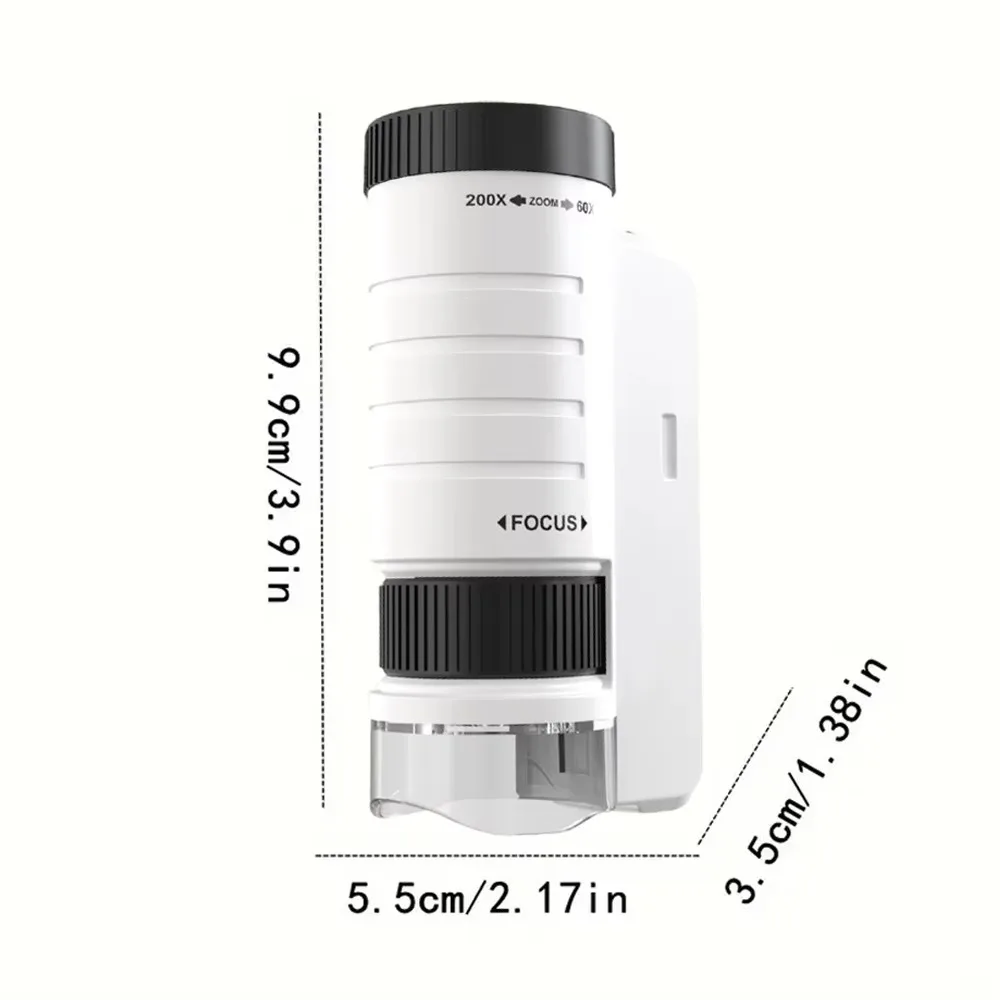 Mikroskop kieszonkowy z powiększeniem 60-200x, oświetlenie LED, optyczny HD, zestaw naukowy dla dzieci, przenośny, zasilany bateryjnie.