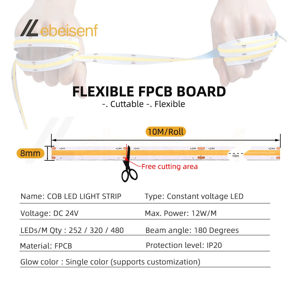 FCOB LED Strip Light 252 320 480 LED High Density Flexible FOB COB Led Light RA90 Warm Nature Cool White Linear Dimmable DC 24V