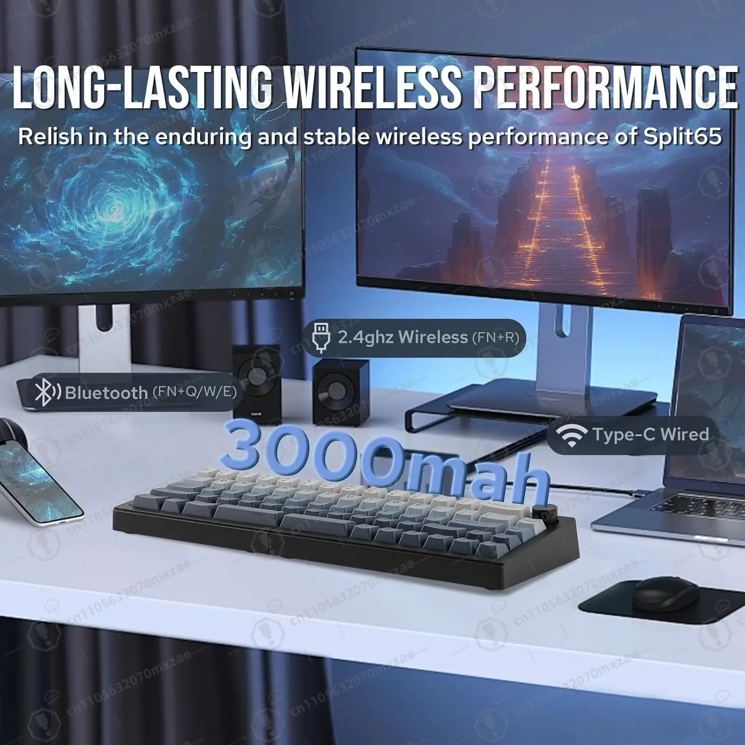 Split65 Wireless Mechanical Keyboard 2.4Ghz Bluetooth Type-C Ergonomic Gaming RGB Backlit