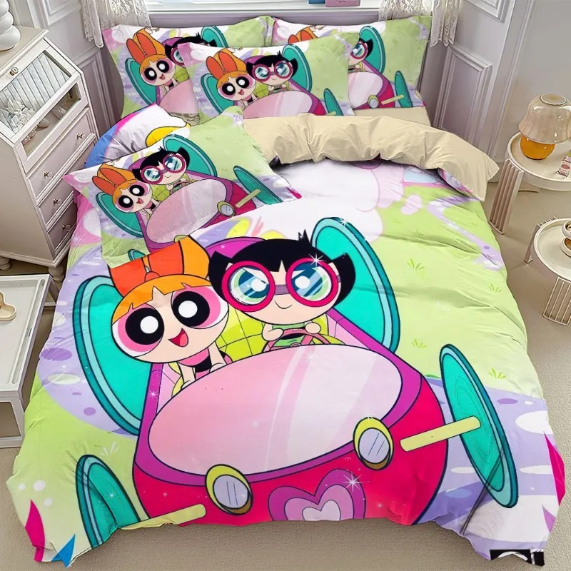 Pure cotton cute Powerpuff Girls children's room bedroom four-piece set pure cotton soft cartoon quilt cover three-piece set