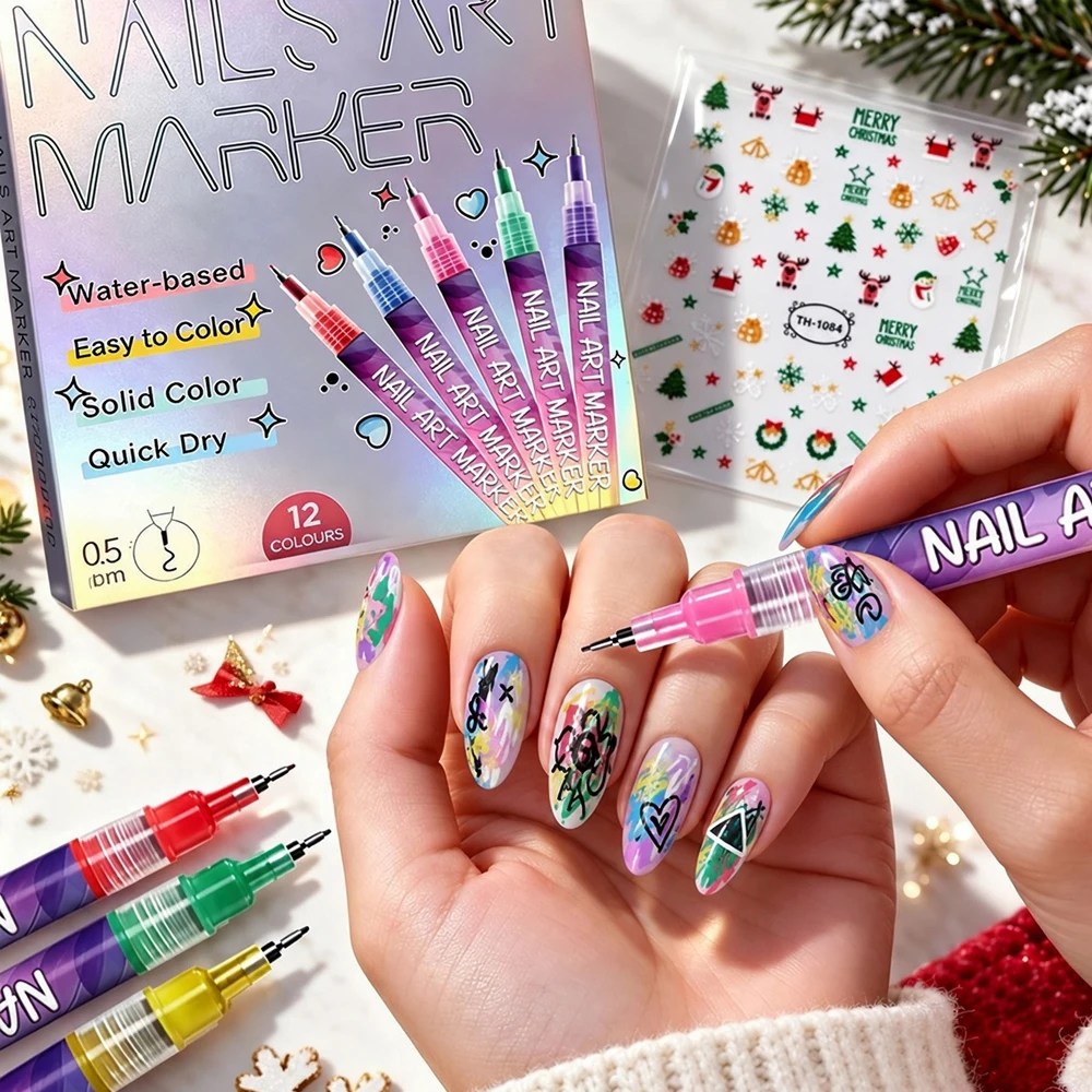10 Colors Metallic Dual Tip Nail Art Pens or 12 Colors Fine Tip Nail Markers Water Based Quick Dry for DIY Manicure Drawing