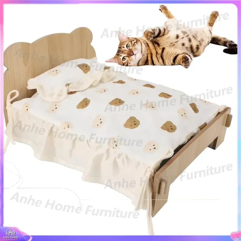 Modern Wooden Dog Bed Large Plush Pet House Reinforced Frame Cat Rabbit Small Animal Furniture Indoor Cozy Sleeping Kennel