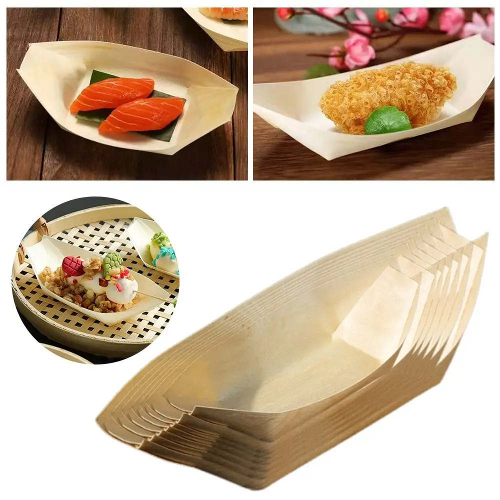 Plato de madera desechable de varios tamaños, plato japonés en forma de barco, bandeja en forma de barco, ensalada, postre, tazón, servicio de comida, 50 Uds.