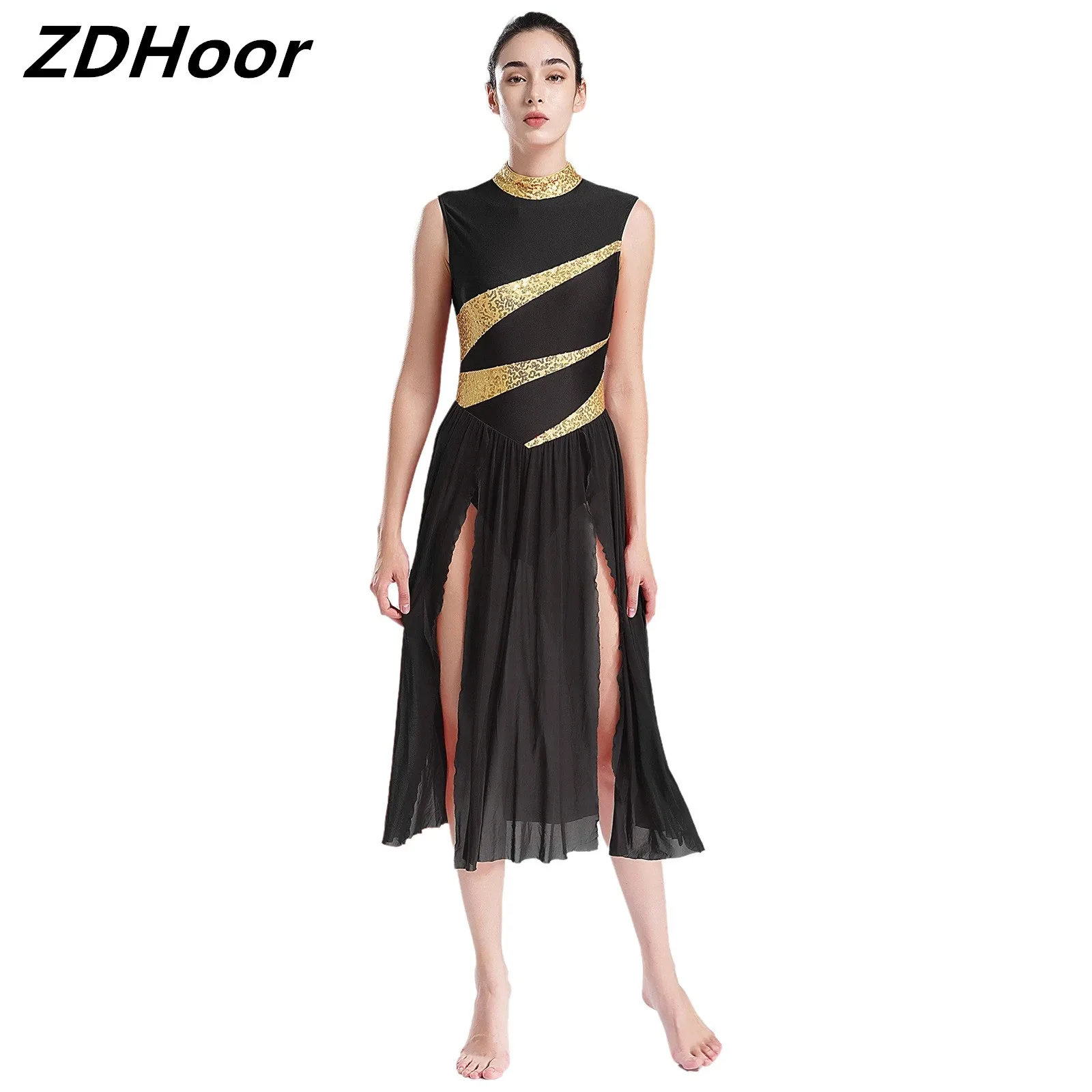 

Womens Lyrical Dance Dress Mock Neck Sleeveless Cutout Back Shiny Sequins Split Dress Stage Performance Costume Dancewear