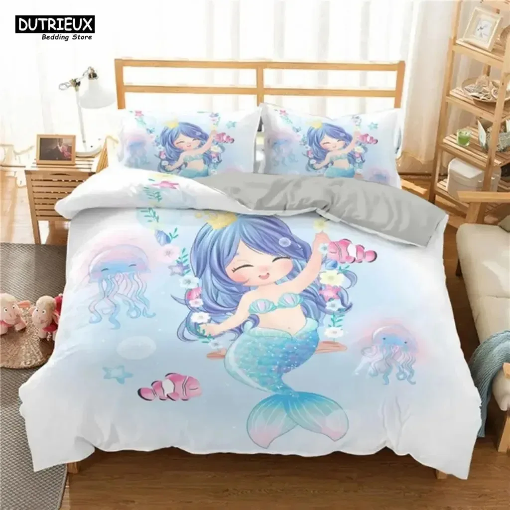 

Cartoon Blue Mermaid Duvet Cover Beautiful Girl With Unicorn Bed Cover Single Double Queen King Twin Size Bedding Set For Kids