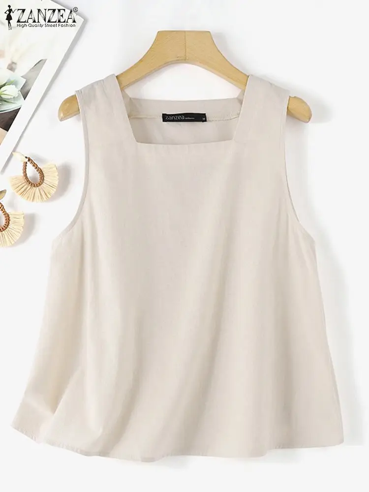 ZANZEA Women Square Neck Sleeveless Blouse Summer Vintage Cotton Tanks Tops Casual Solid Holiday Beach Blusas Female Party Shirt