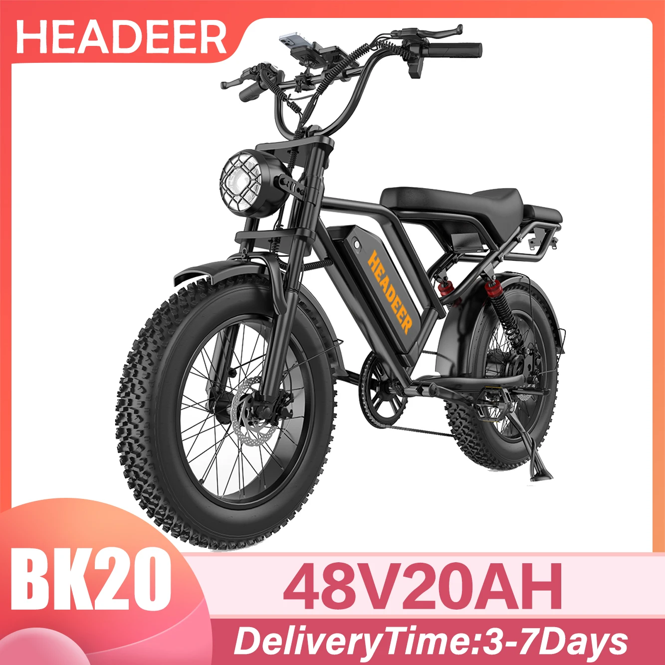 Vélo électrique HEADER BK20 avec pneus larges 20 "×4.0", suspension intégrale, moteur 250W, batterie 48V20AH, freins à disque doubles, vélo électrique de montagne