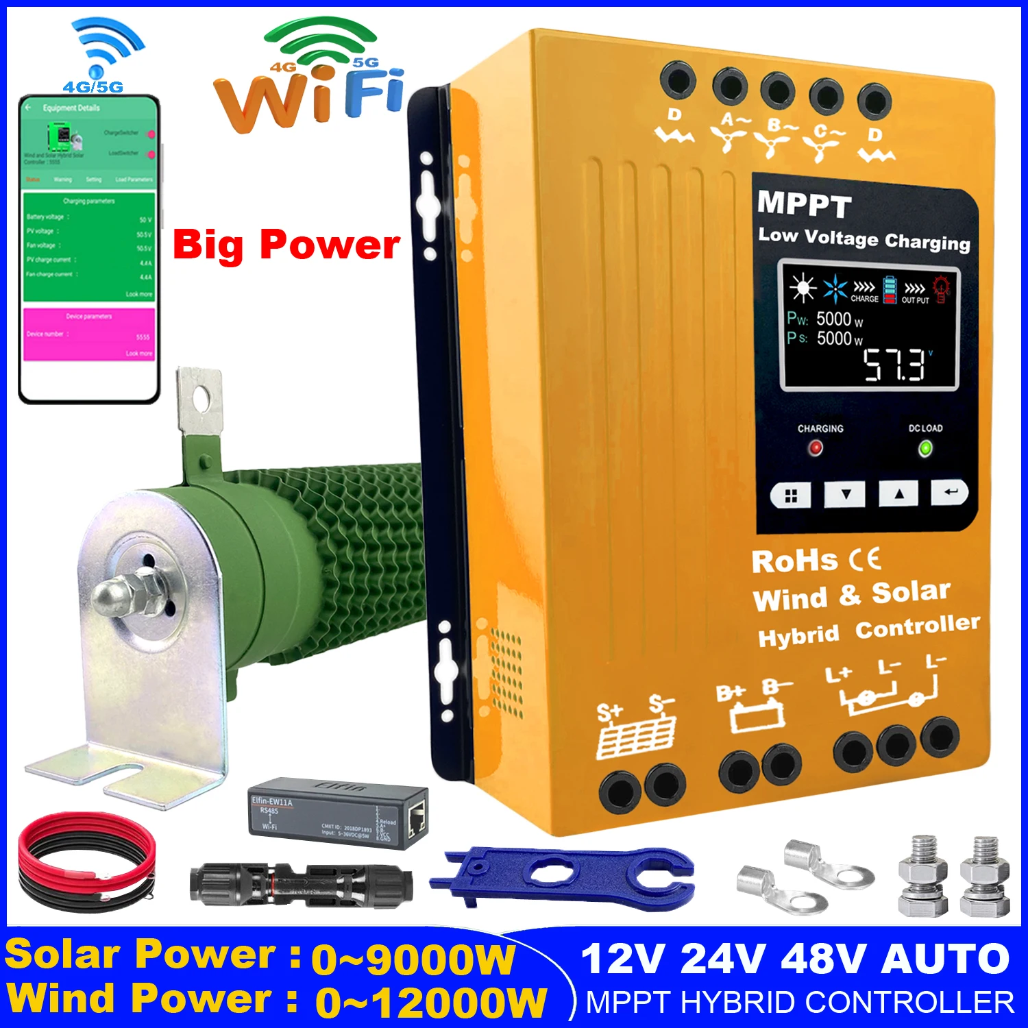 12V 24V 48V 4000W Hybrid MPPT Wind Solar Power Charge Controller 5000W AC DC Wind Turbine Generator Regulator Built in WIFI