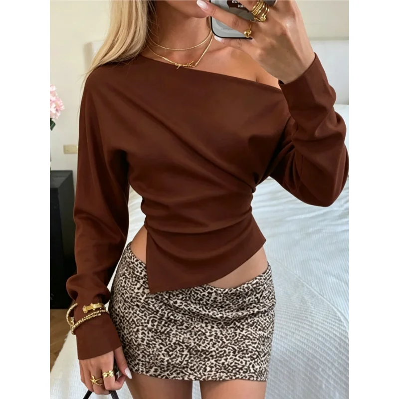 Autumn Winter New Chic Simple Women's Long-sleeved T-shirt Slanted Shoulder Elastic Slim Split Top Casual Versatile Dating Shirt